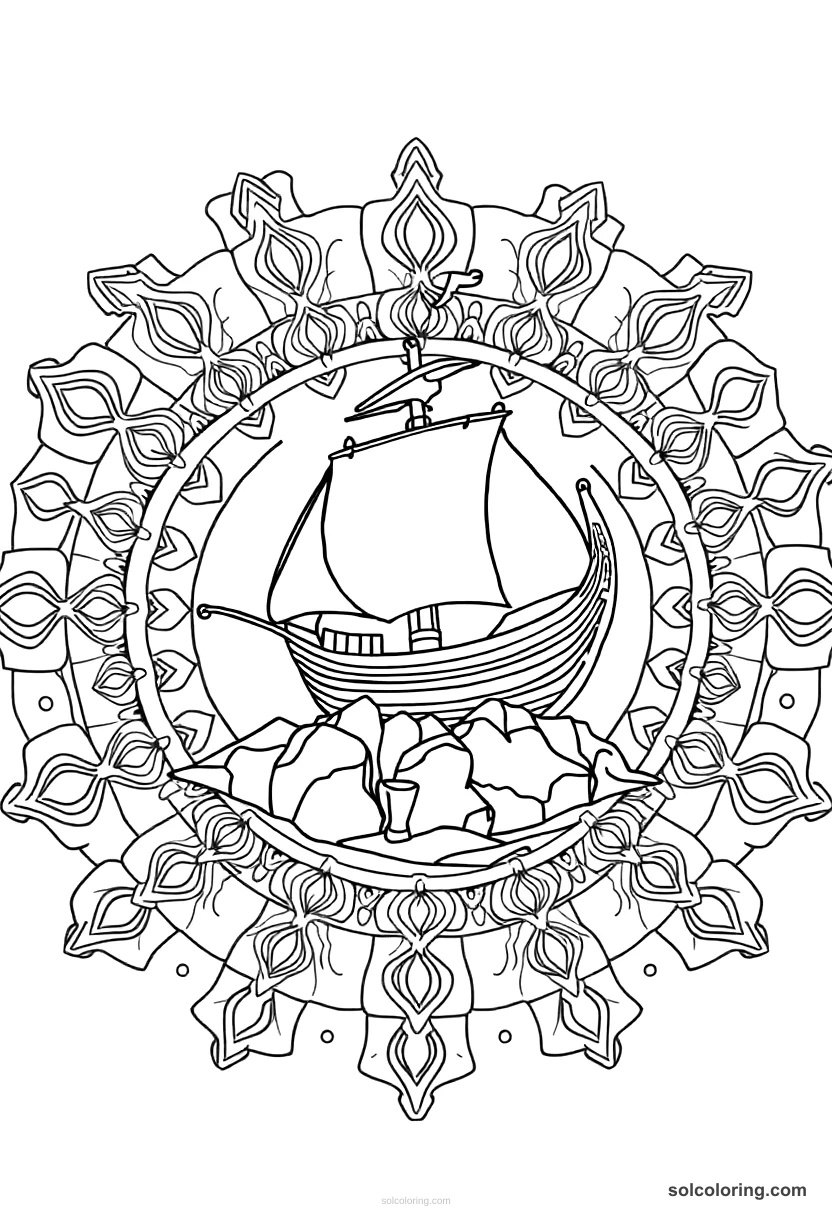 Mandala Sinbad's ship wrecked on a rocky island mandala coloring page for kids