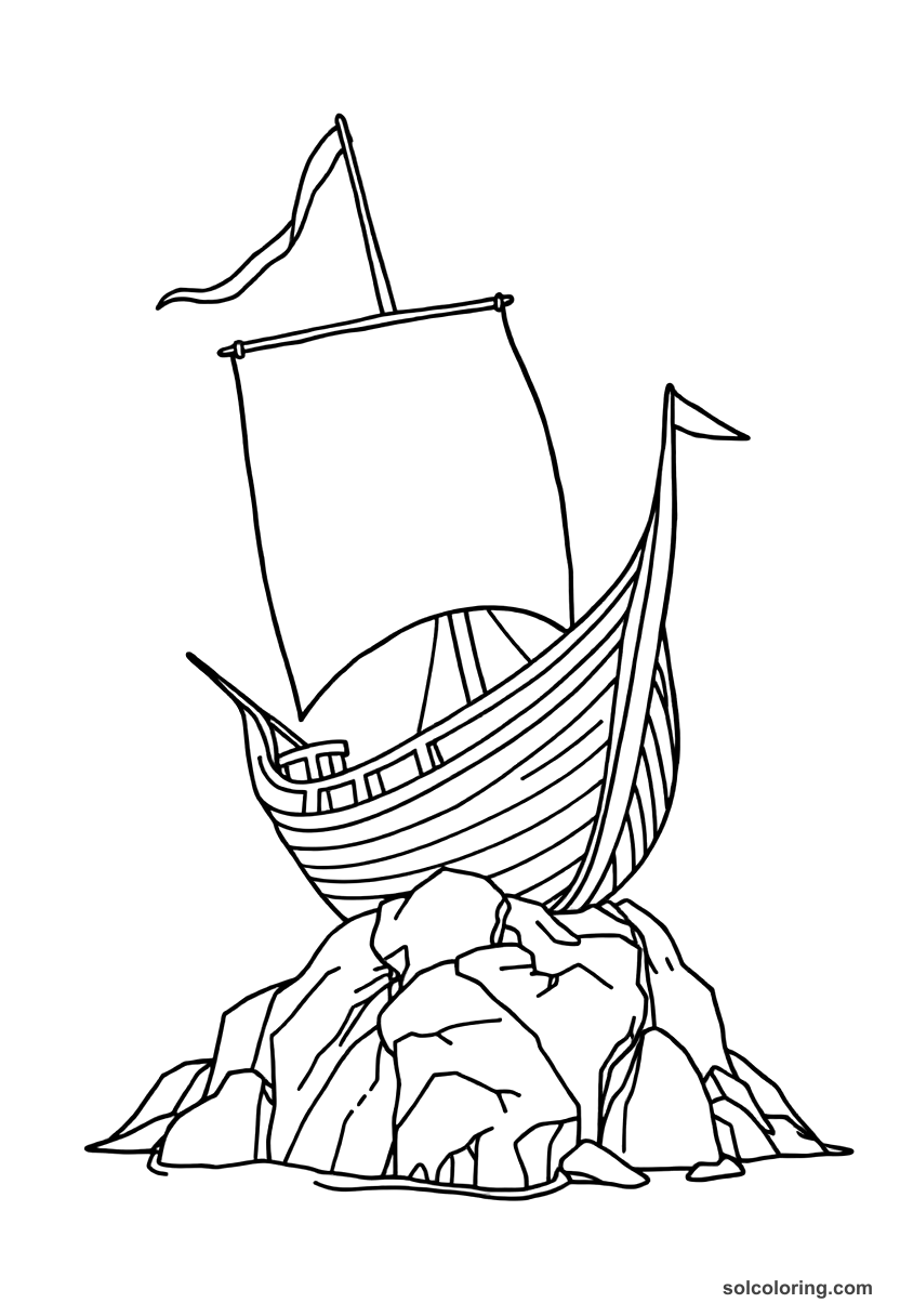 Simple Sinbad's ship wrecked on a rocky island coloring page, free printable simple style