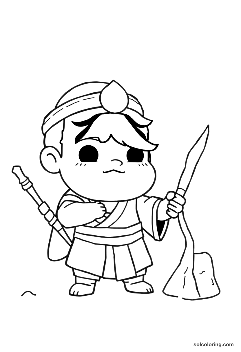 Chibi Sinbad sharpening the stake to blind the giant coloring page, free printable chibi style
