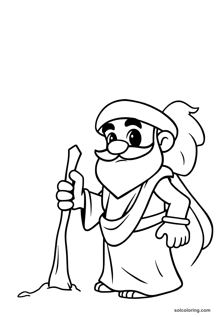 Cute Cartoon Sinbad sharpening the stake to blind the giant coloring page, free printable cute cartoon style