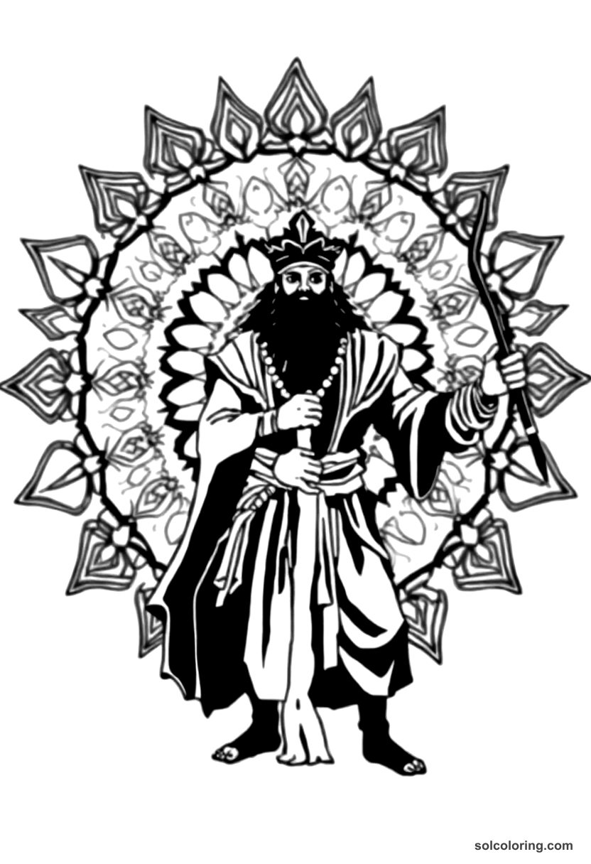 Mandala Sinbad sharpening the stake to blind the giant coloring page, free printable mandala style