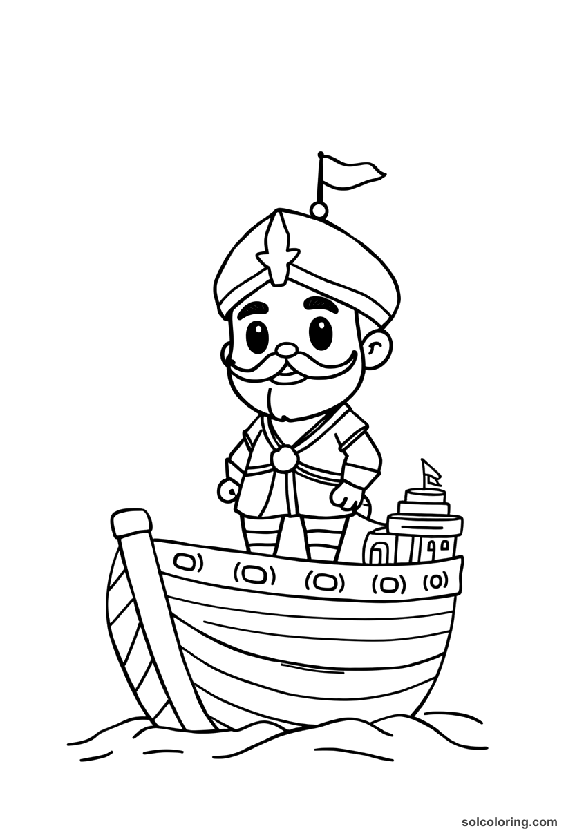 Chibi Sinbad the Sailor on his ship coloring page, free printable chibi style