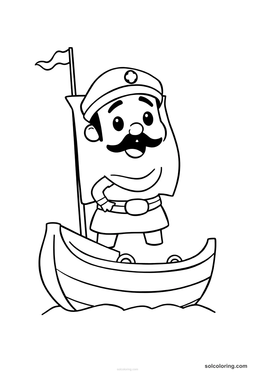 Cute Cartoon Sinbad the Sailor on his ship cute cartoon coloring page for kids
