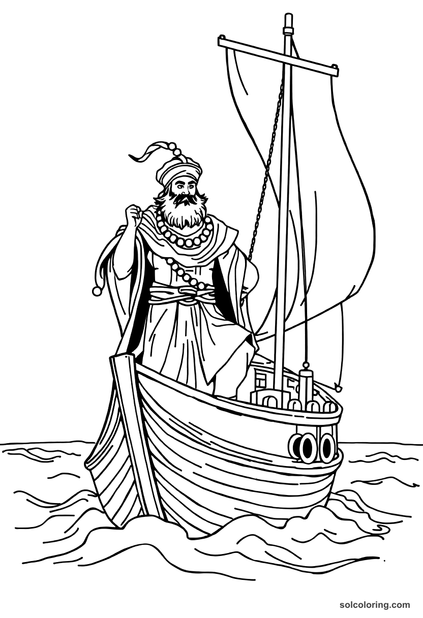 Sinbad the Sailor on his ship coloring page, free printable detailed style