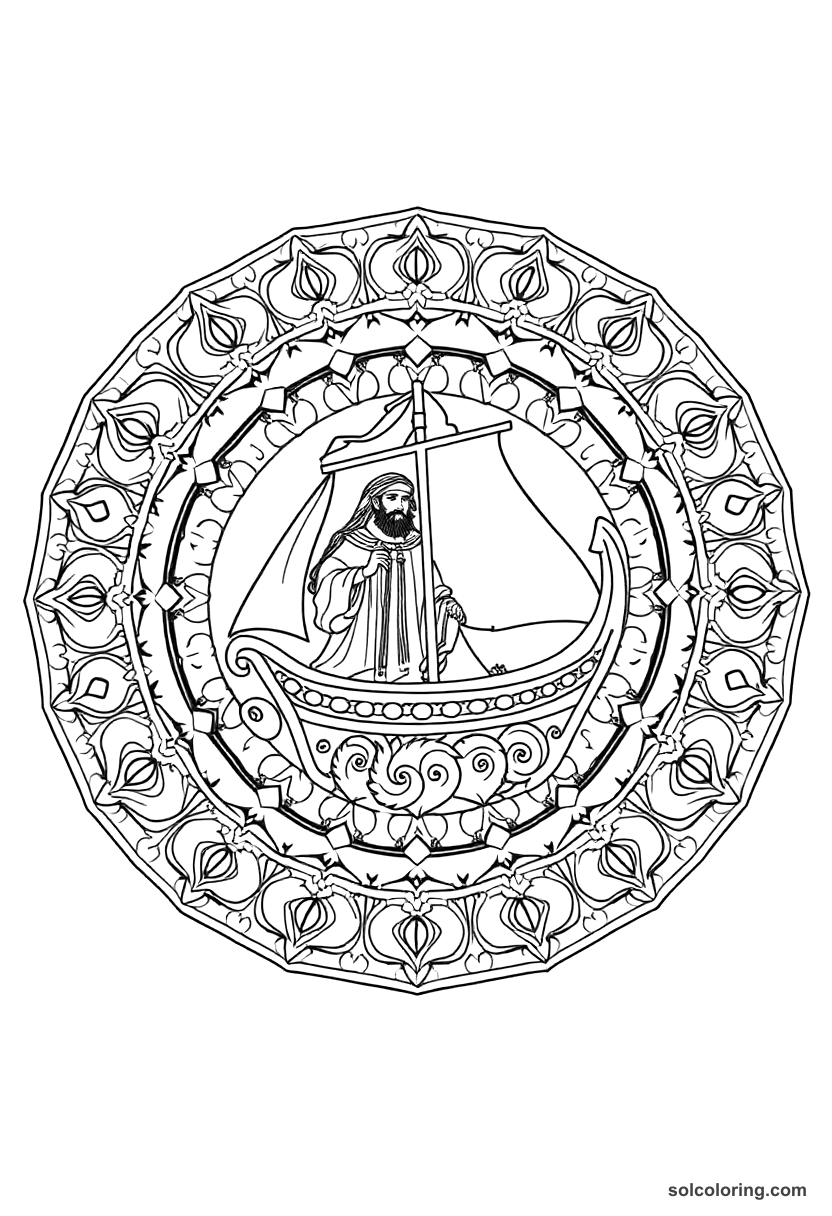 Mandala Sinbad the Sailor on his ship coloring page, free printable mandala style