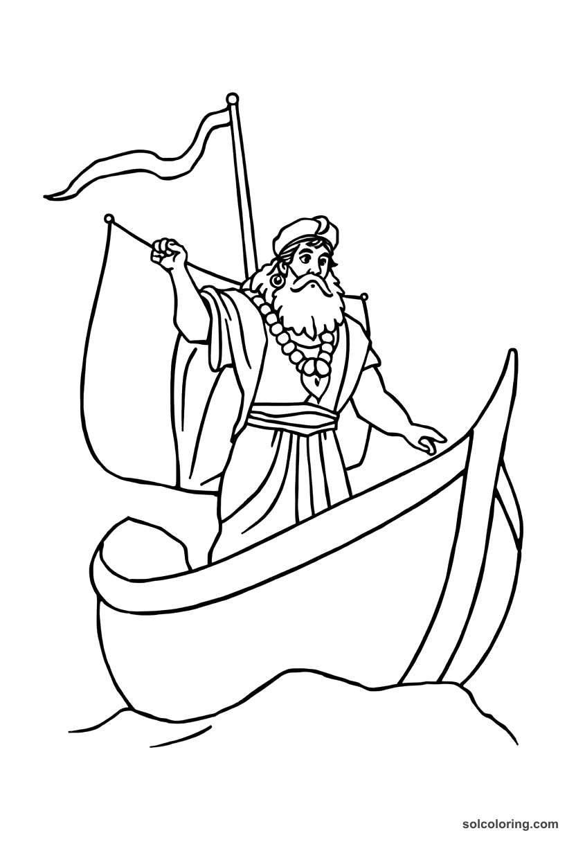 Simple Sinbad the Sailor on his ship coloring page, free printable simple style