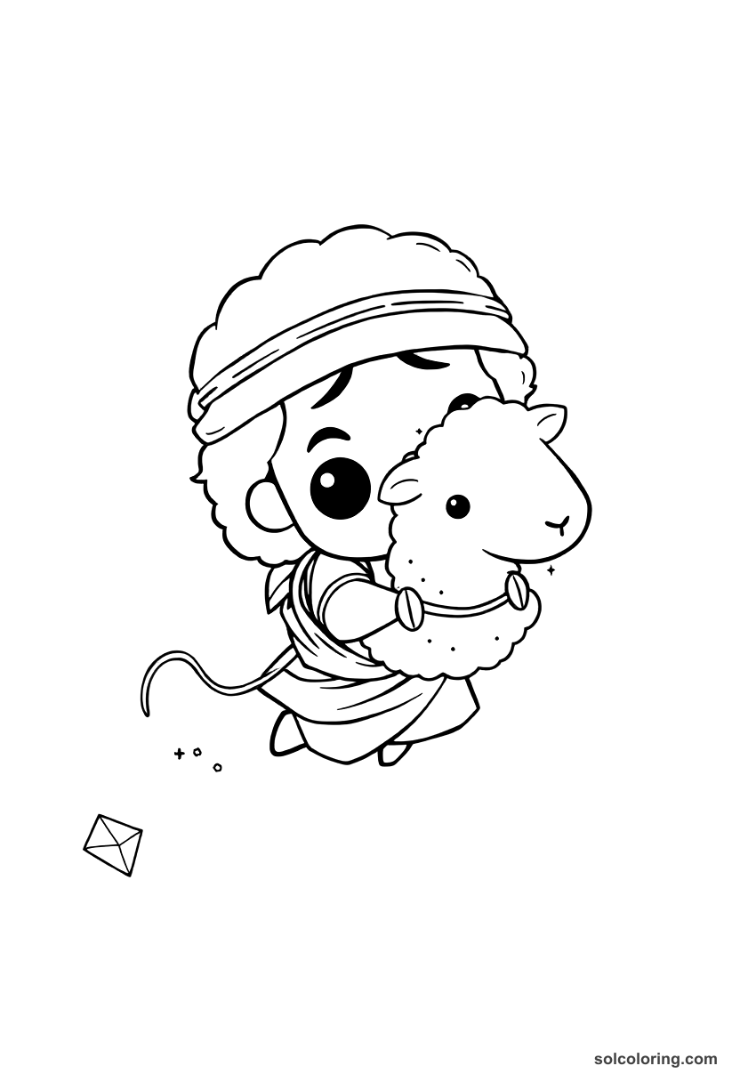 Chibi Sinbad tied beneath a sheep fleeing the valley of diamonds coloring page, free printable chibi style