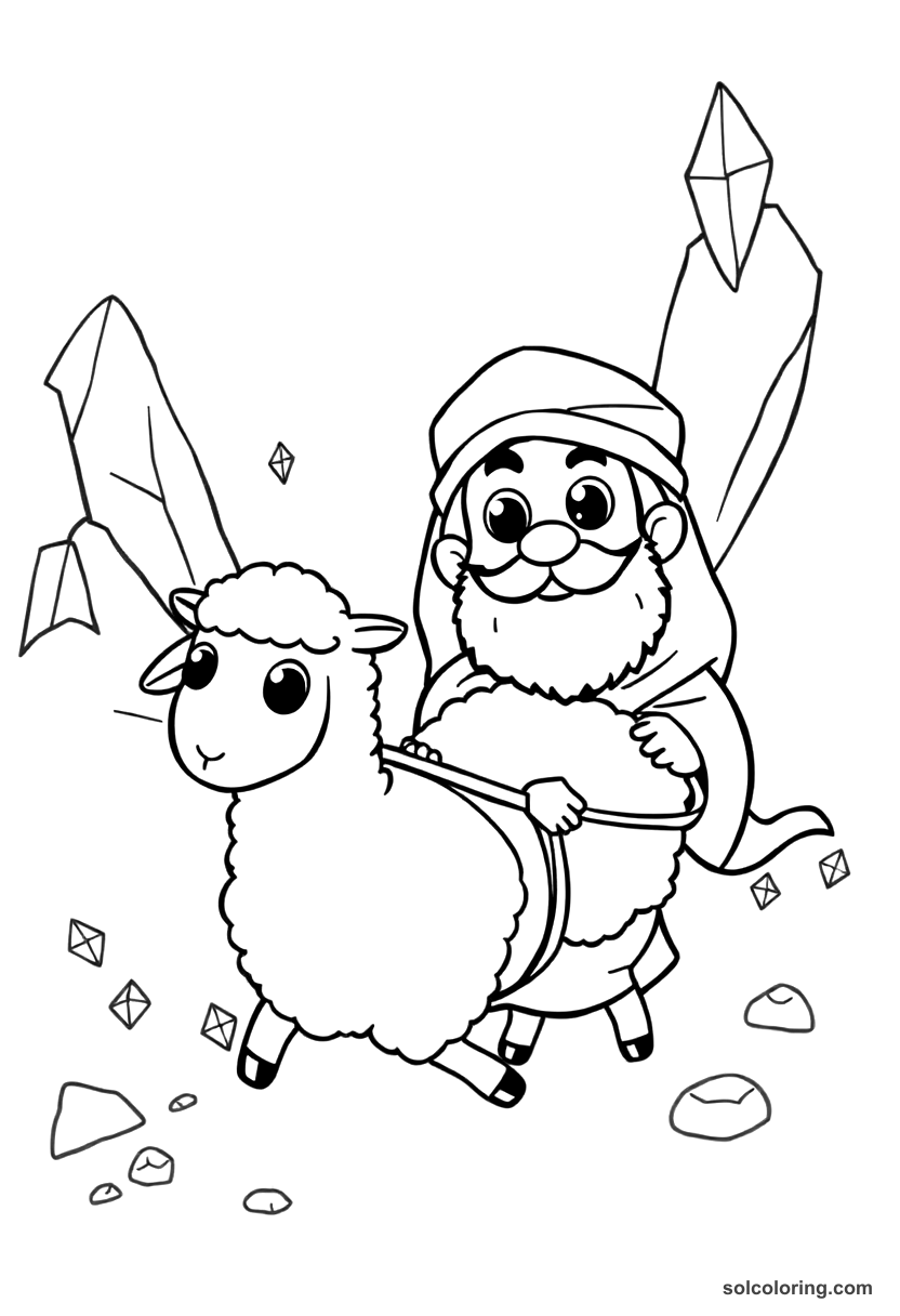 Cute Cartoon Sinbad tied beneath a sheep fleeing the valley of diamonds coloring page, free printable cute cartoon style