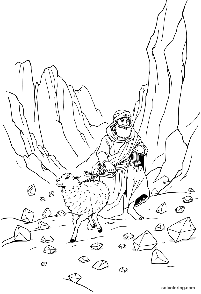 Sinbad tied beneath a sheep fleeing the valley of diamonds coloring page, free printable detailed style