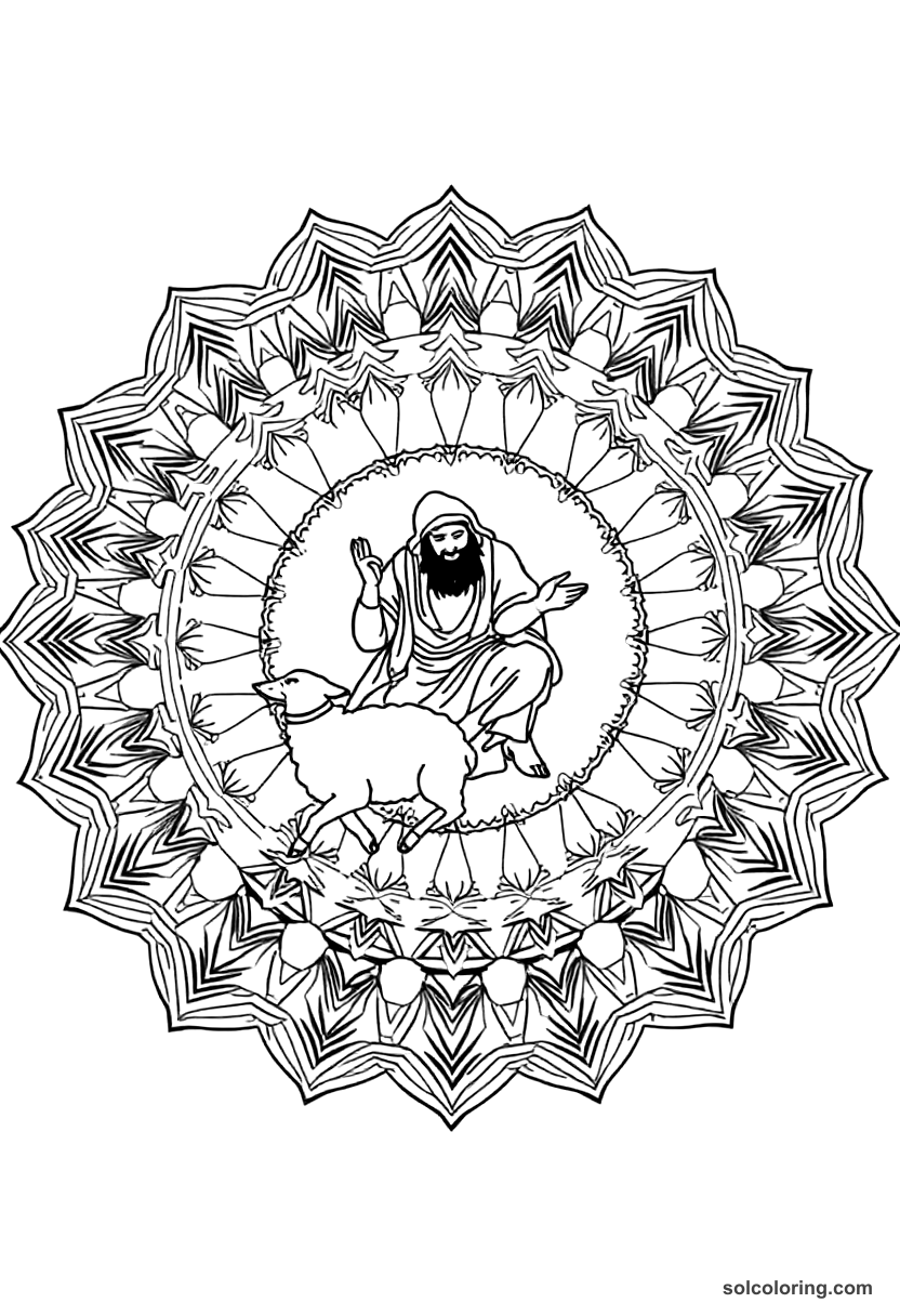 Mandala Sinbad tied beneath a sheep fleeing the valley of diamonds coloring page, free printable mandala style