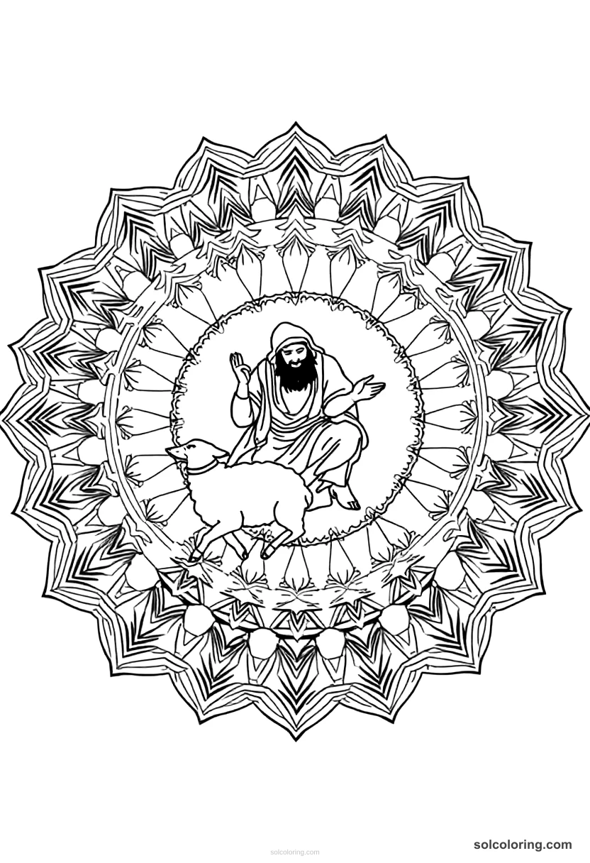Mandala Sinbad tied beneath a sheep fleeing the valley of diamonds mandala coloring page for kids