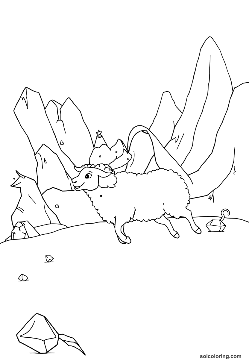Simple Sinbad tied beneath a sheep fleeing the valley of diamonds coloring page, free printable simple style