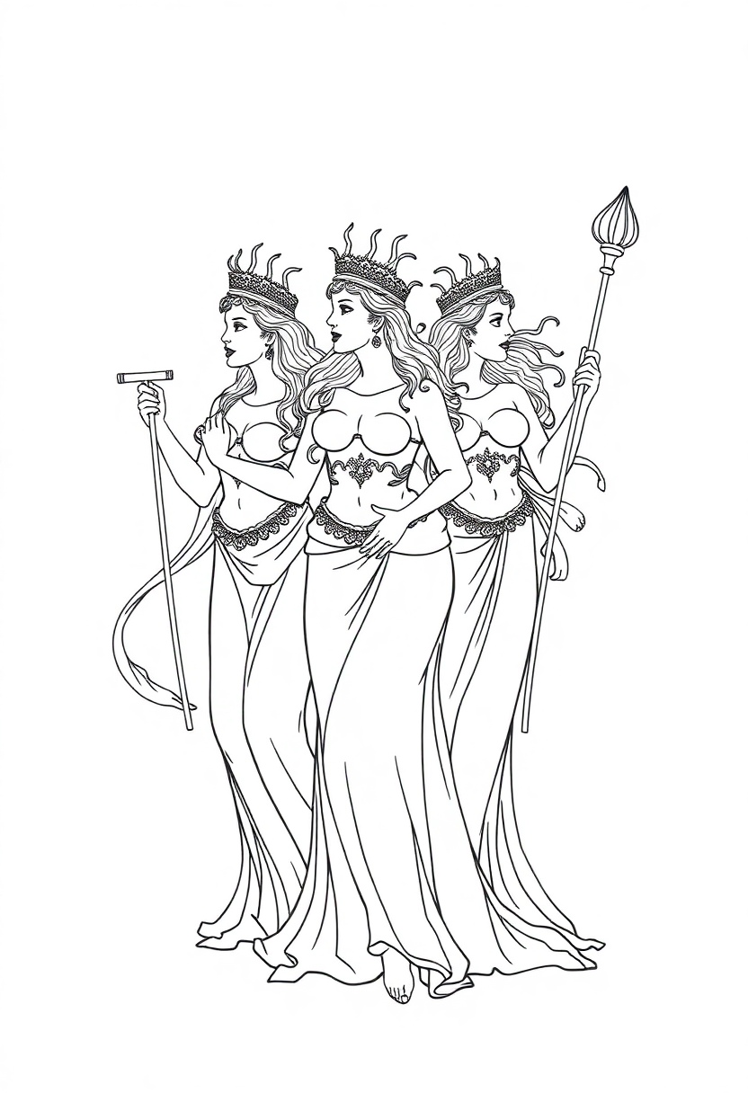 Sirens mythical singers coloring page showing cute chibi-style sea creatures with long flowing hair and musical instruments