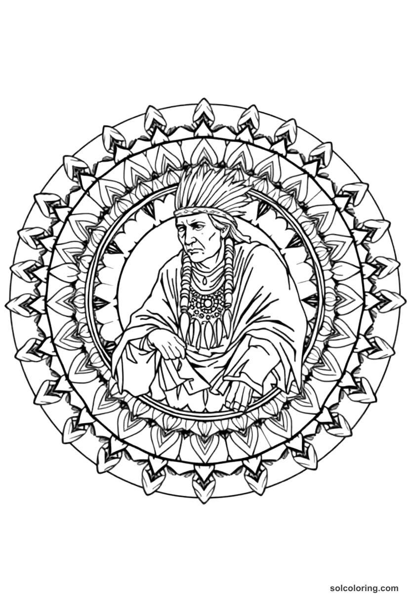 Mandala Sitting Bull at the Battle of Little Bighorn coloring page, free printable mandala style