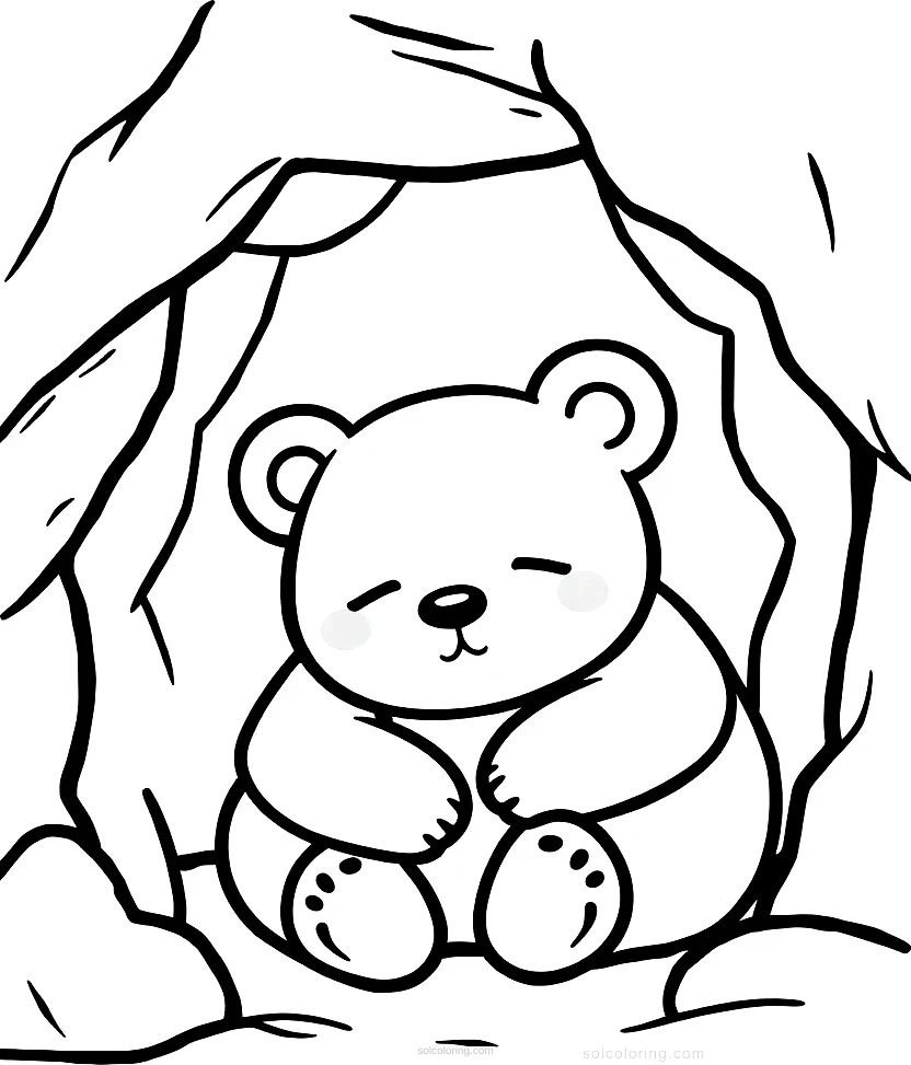 Sleepy Bear in Cave coloring page for kids