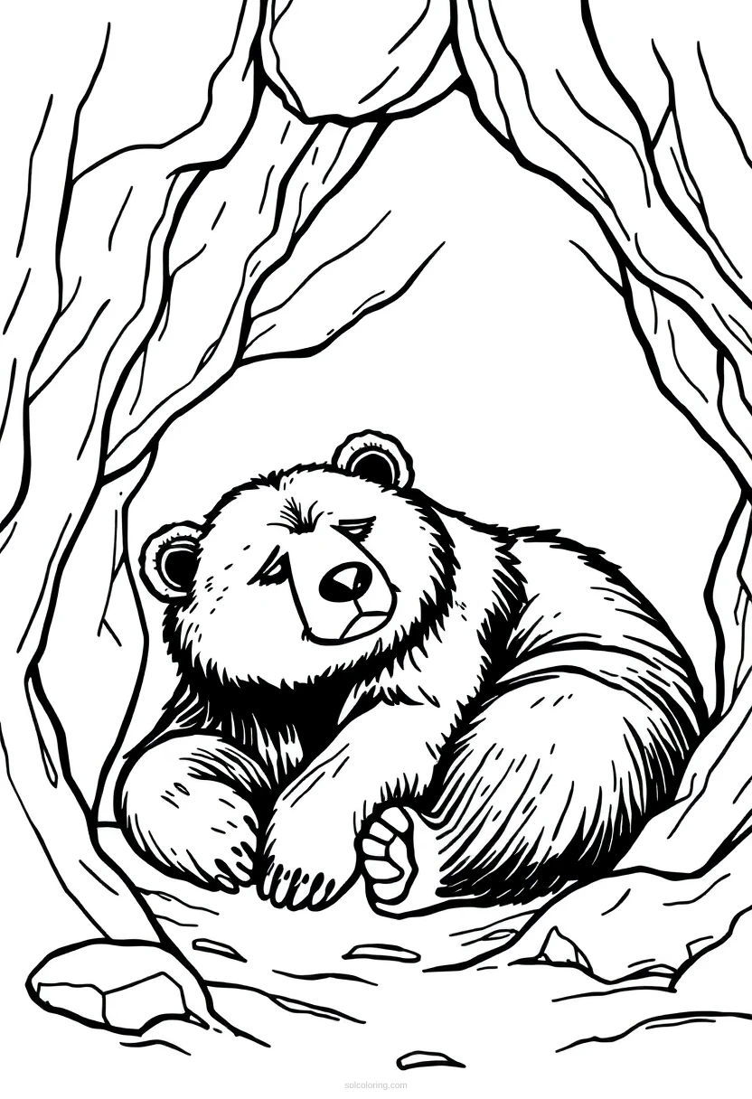 Sleepy Bear in Cave coloring page for kids