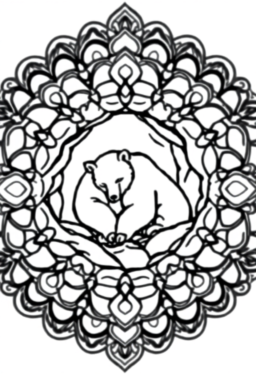 Sleepy bear resting in cave coloring page with mandala patterns and bold outlines for easy coloring