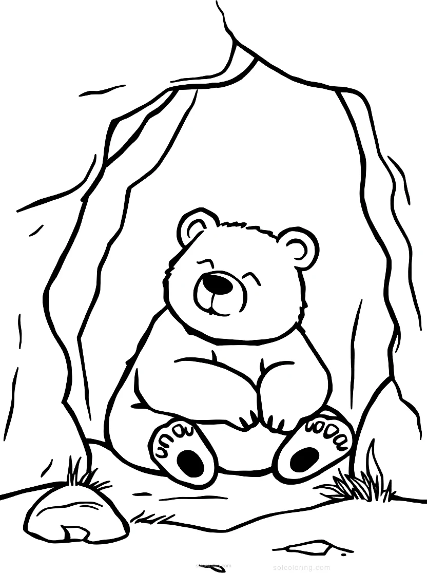 Sleepy Bear in Cave coloring page for kids