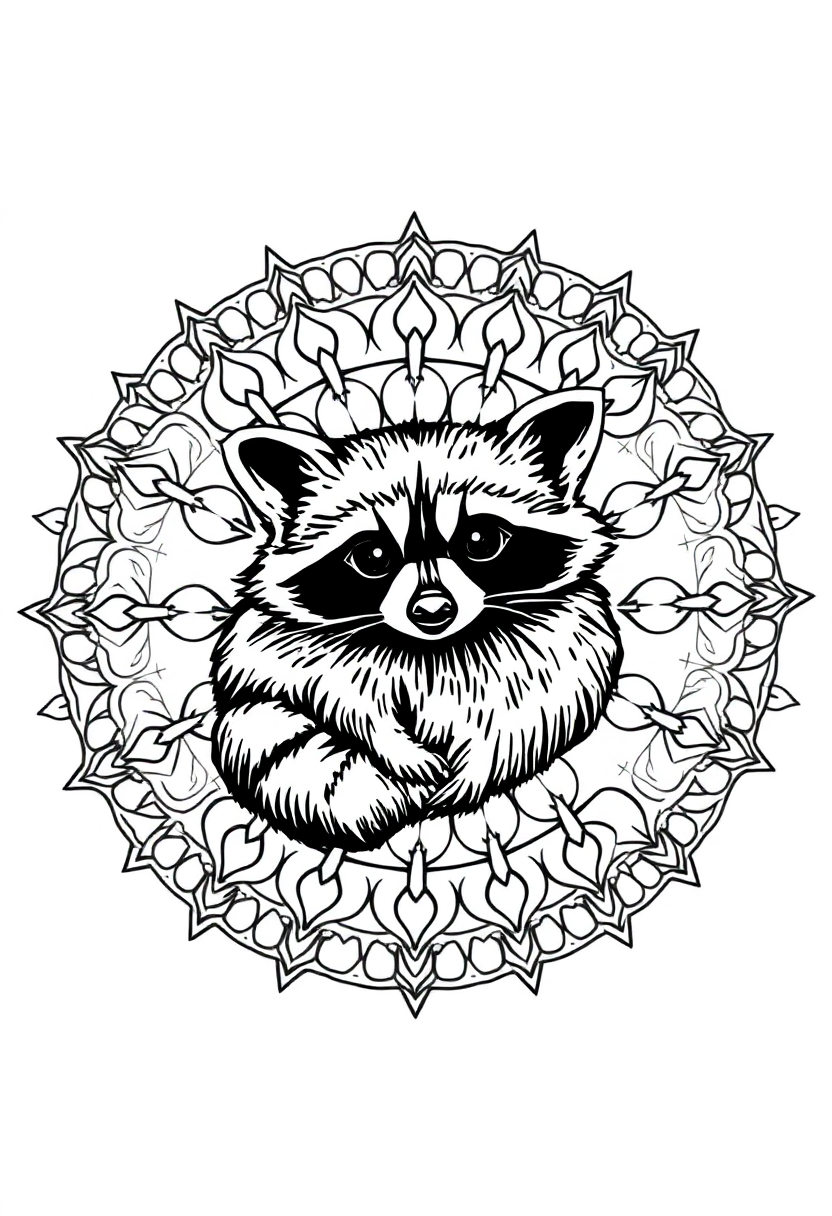 Small raccoon coloring page with bold outlines featuring cute woodland creature and simple mandala patterns for kids