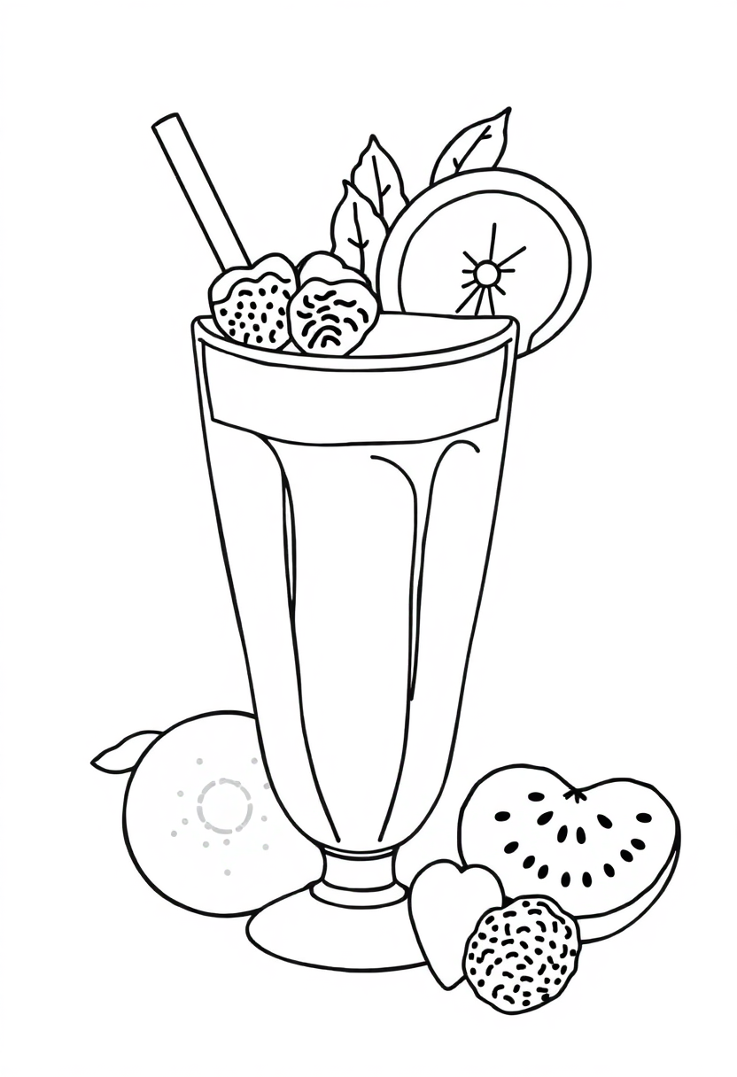 Simple smoothie glass coloring page with fruit pieces and straw, featuring bold outlines for easy coloring
