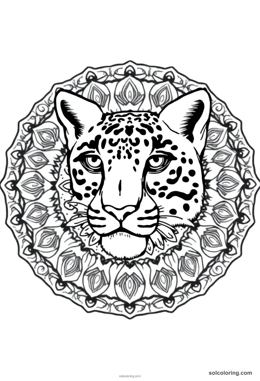 Snow Leopard mandala coloring page for kids
