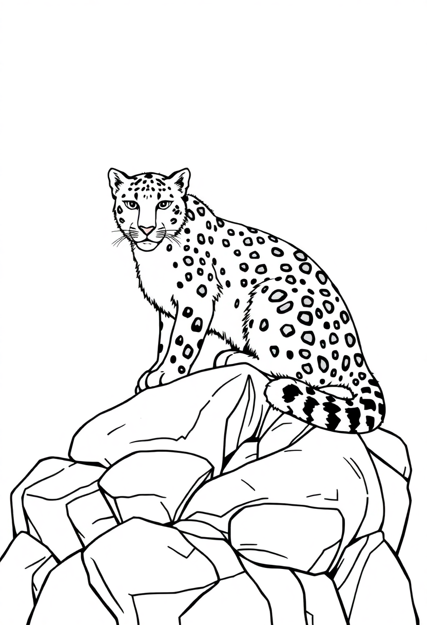 Snow Leopard on Rocks coloring page, free printable