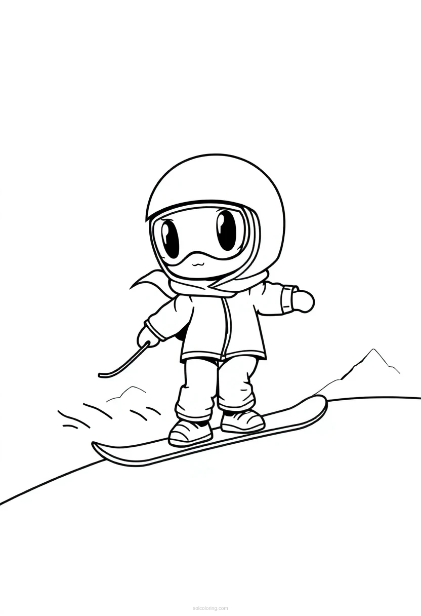 Snowboarding on Mountain Slopes coloring page for kids
