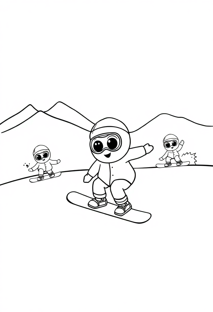 Snowboarding on Mountain Slopes coloring page, free printable
