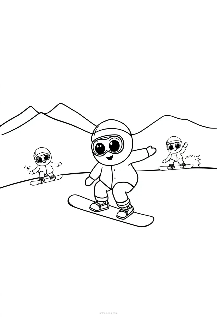 Snowboarding on Mountain Slopes coloring page for kids