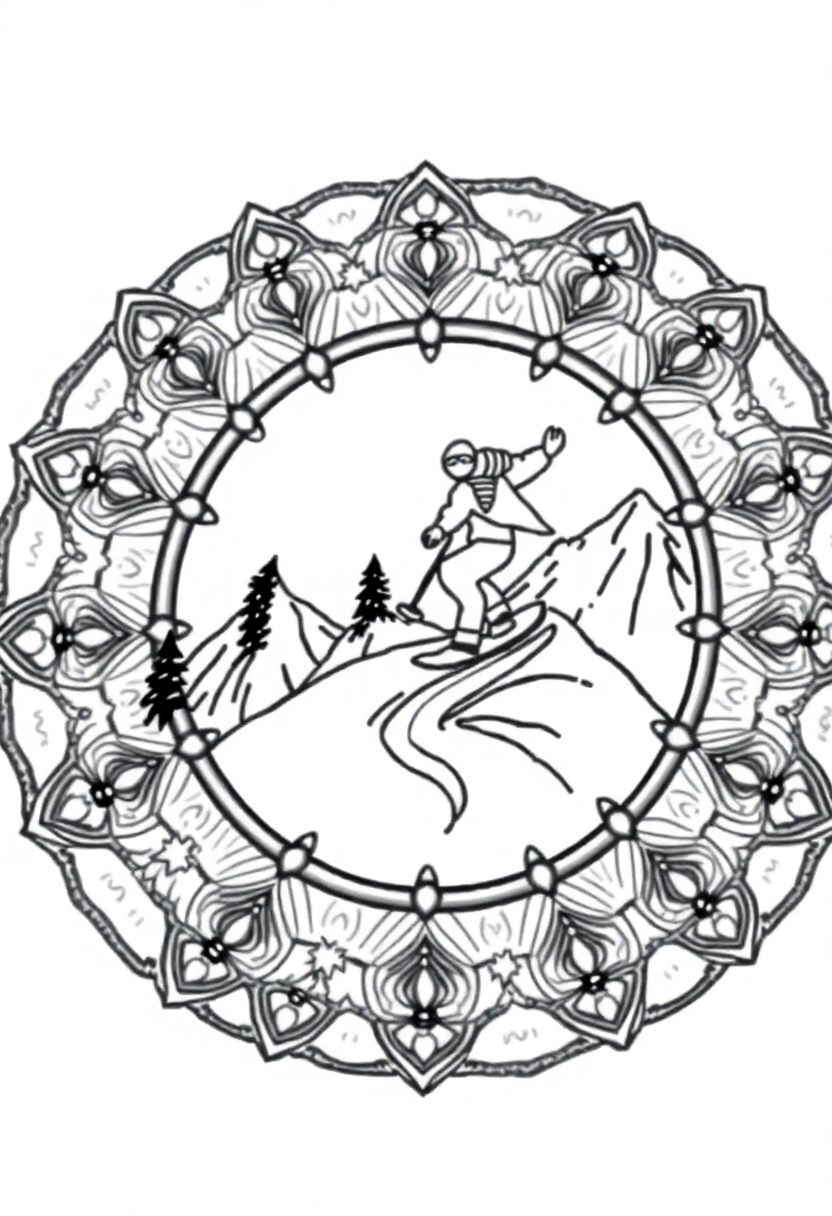 Snowboarding on Mountain Slopes coloring page, free printable