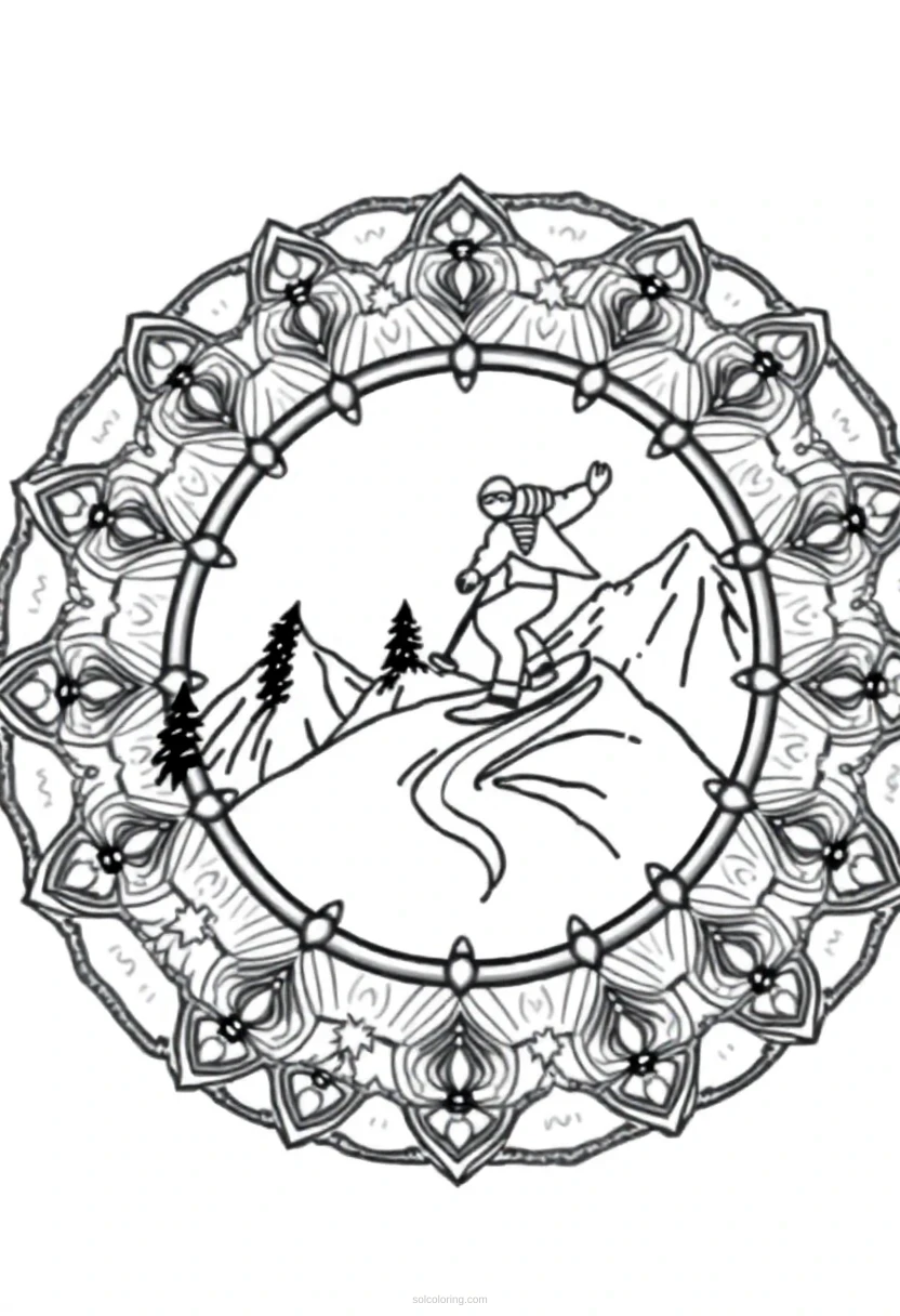 Snowboarding on Mountain Slopes coloring page for kids
