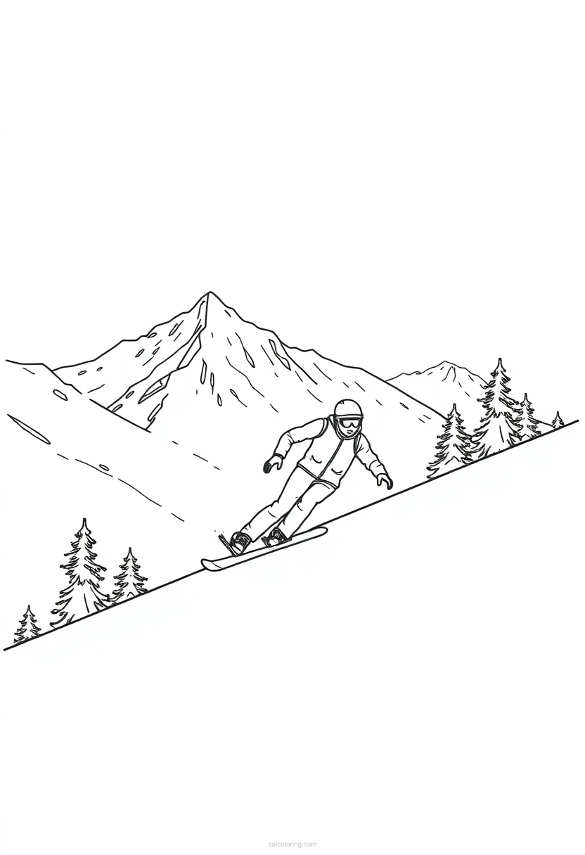 Snowboarding on Mountain Slopes coloring page for kids