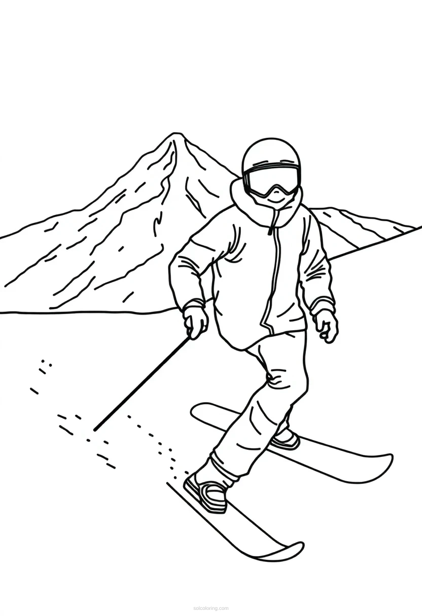 Snowboarding on Mountain Slopes coloring page for kids