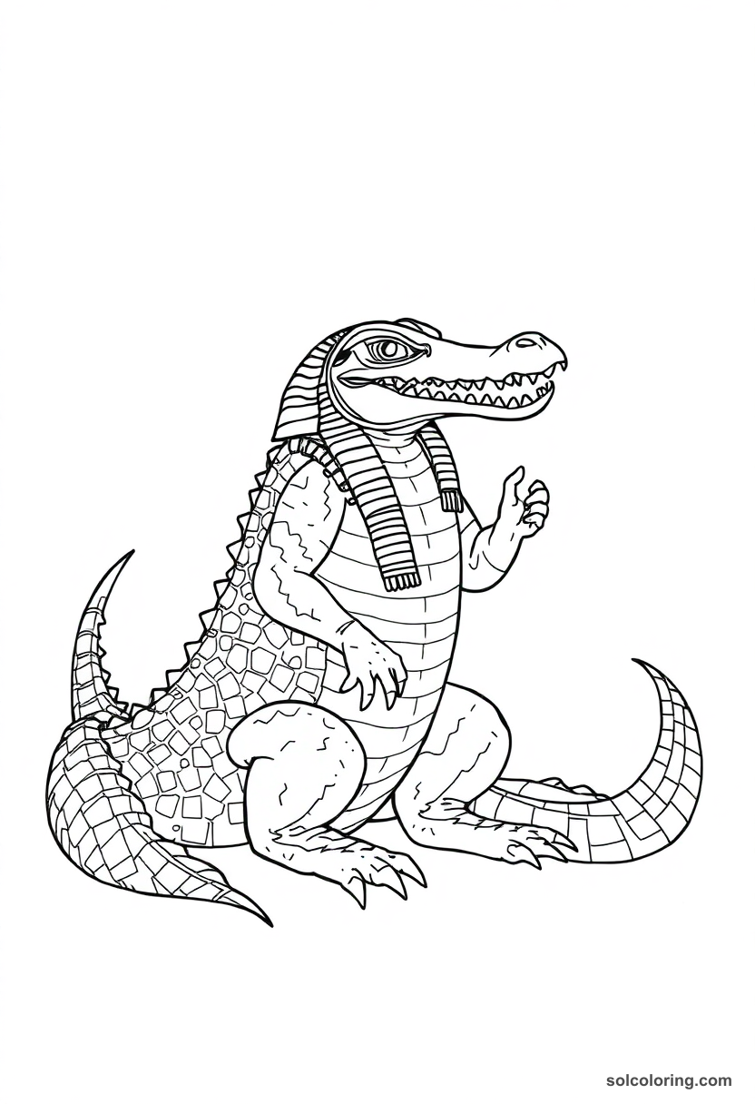 Sobek the Crocodile God coloring page showing Egyptian deity with crocodile head, pharaonic crown, and detailed ancient symbols
