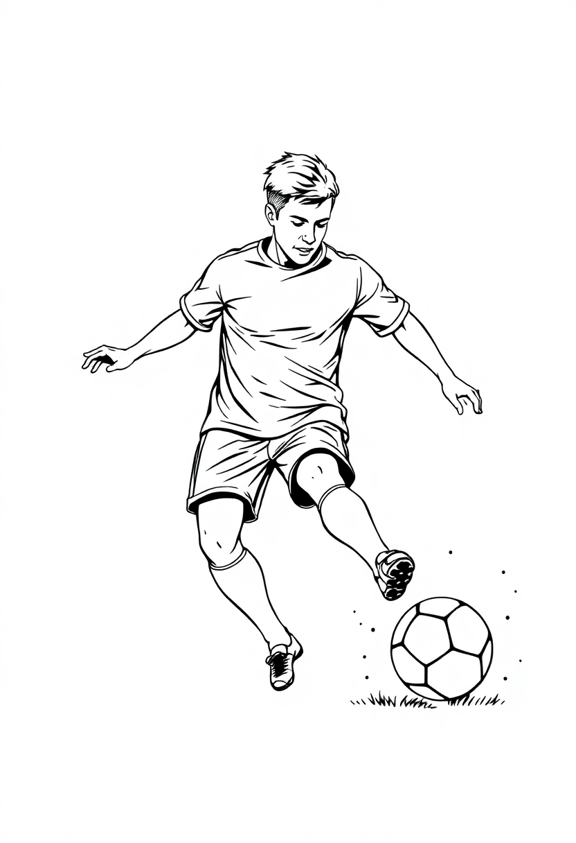 Chibi-style soccer player kicking ball coloring page with bold black outlines on white background, kid-friendly design