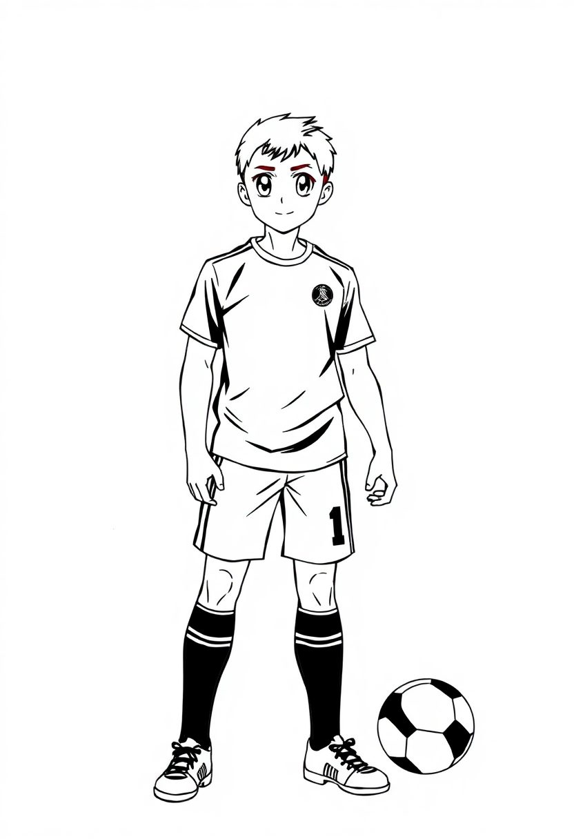 Soccer team captain chibi anime coloring page with bold outlines, showing character in uniform with captain armband