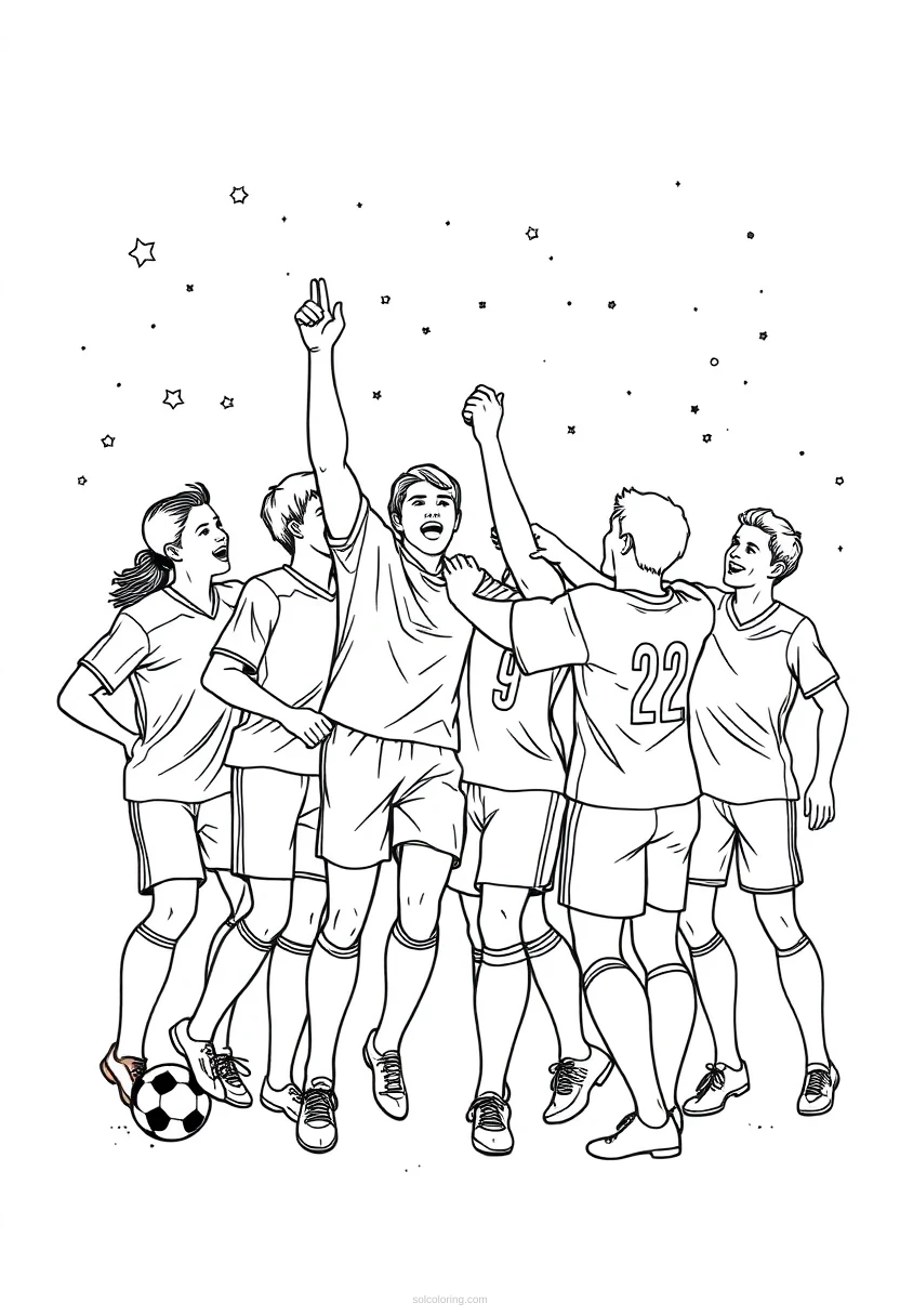 Soccer Team Celebration coloring page for kids