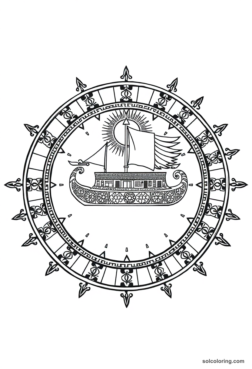 Mandala Solar Barque of Ra coloring page showing Egyptian sun god's boat with intricate circular mandala patterns