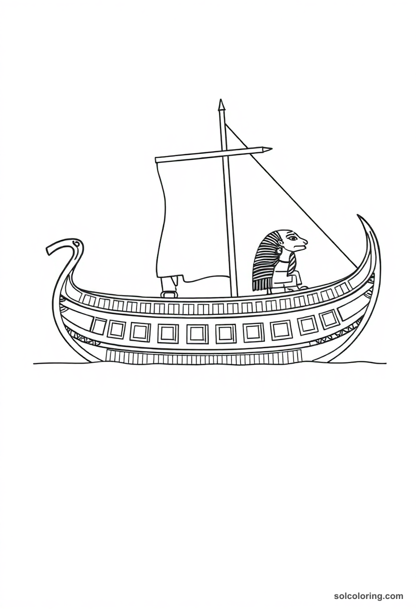 Solar Barque of Ra coloring page showing Egyptian sun god's sacred boat with hieroglyphic details and bold black outlines