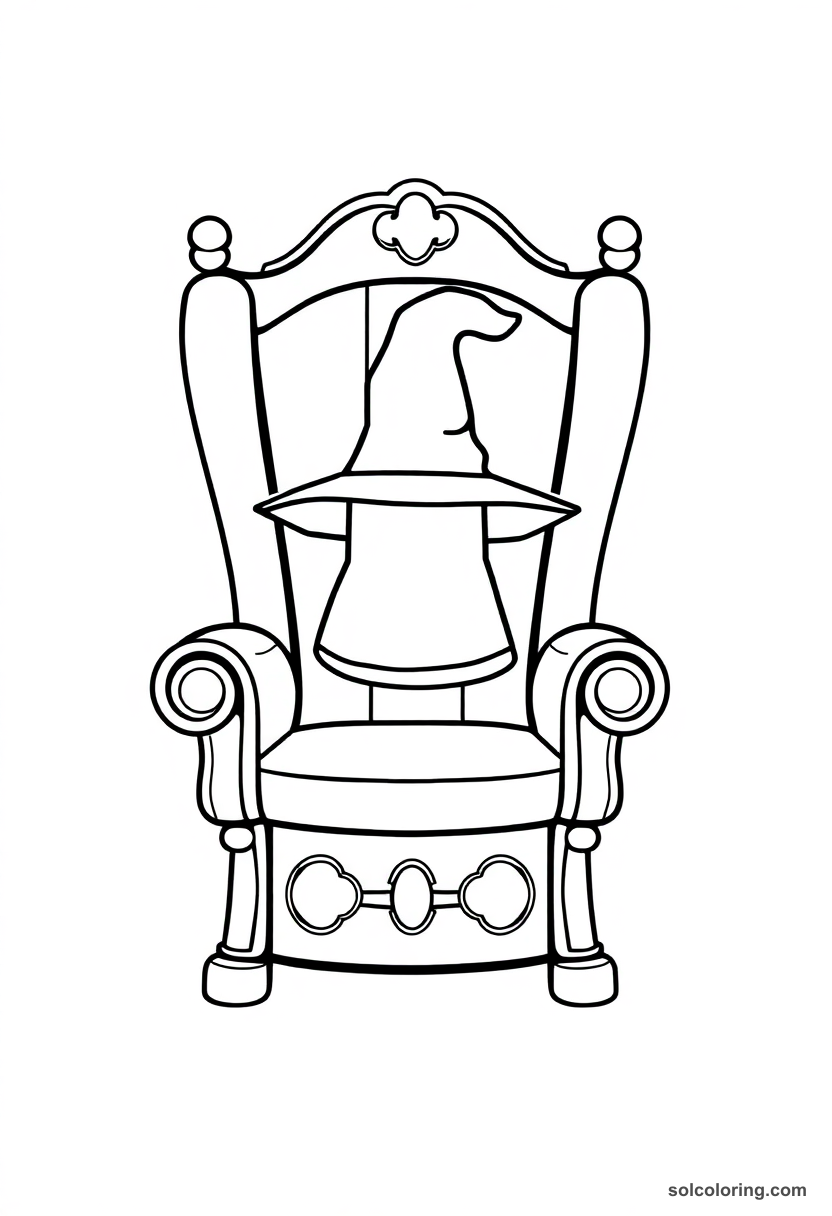 Cute cartoon sorting ceremony chair coloring page with glowing enchanted hat, stars, and bold outlines for kids