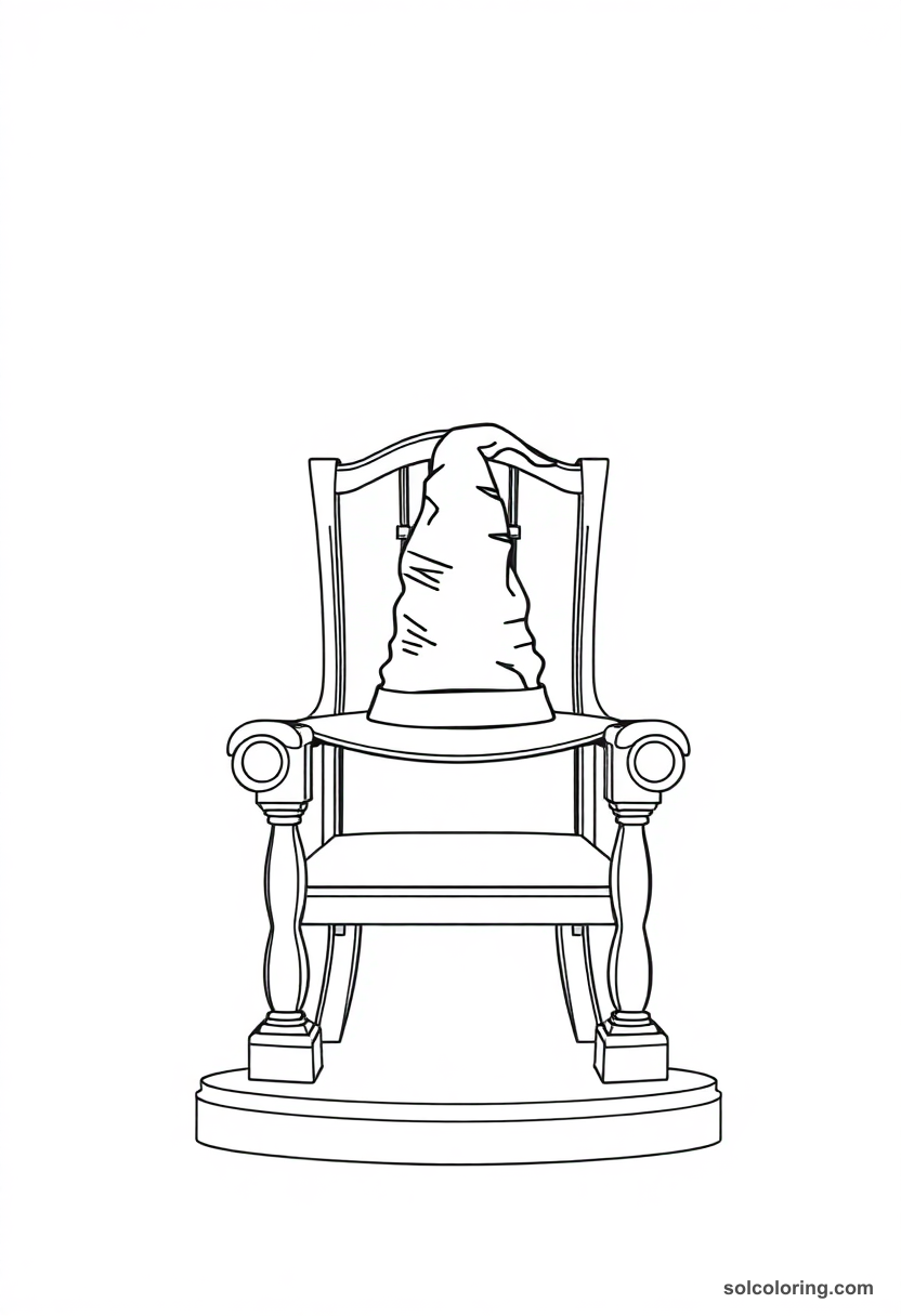 Sorting ceremony chair coloring page with ornate wooden seat and glowing enchanted hat radiating magical sparkles