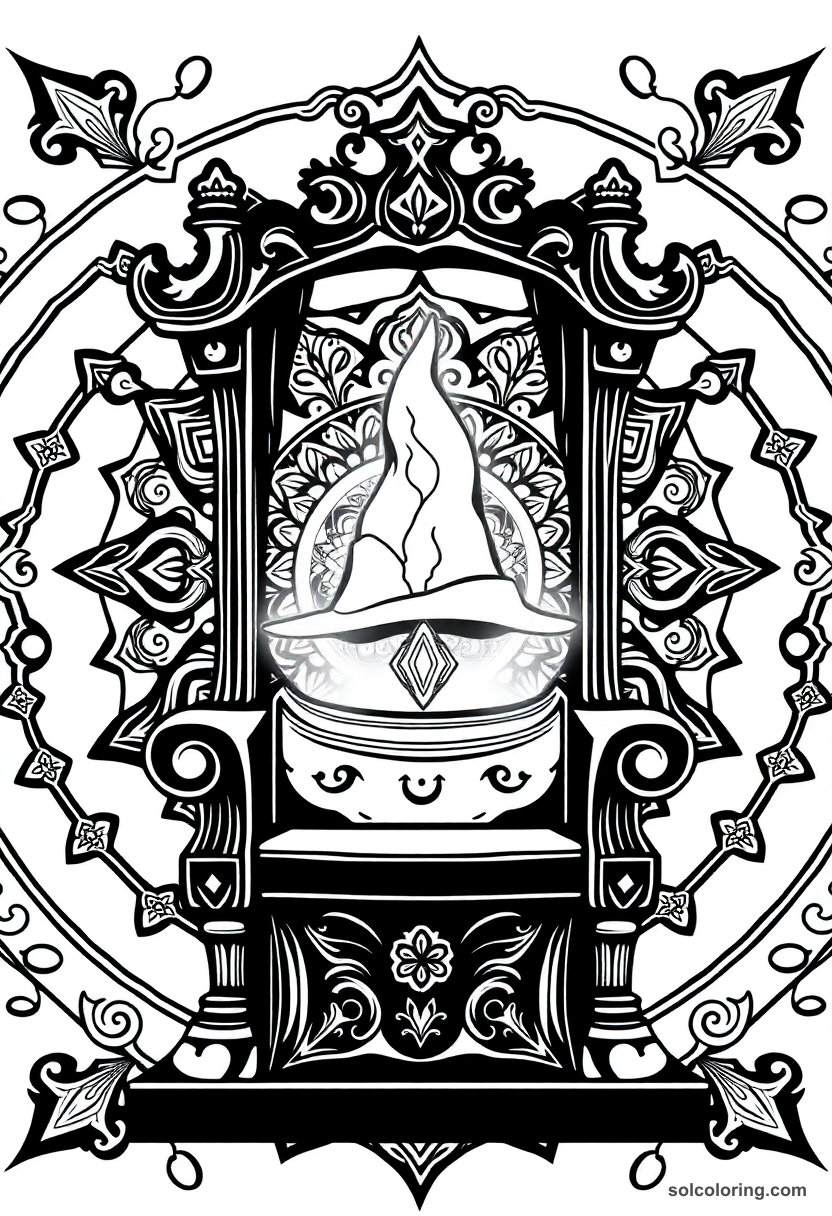 Mandala sorting ceremony chair coloring page with ornate magical hat, intricate patterns, bold outlines