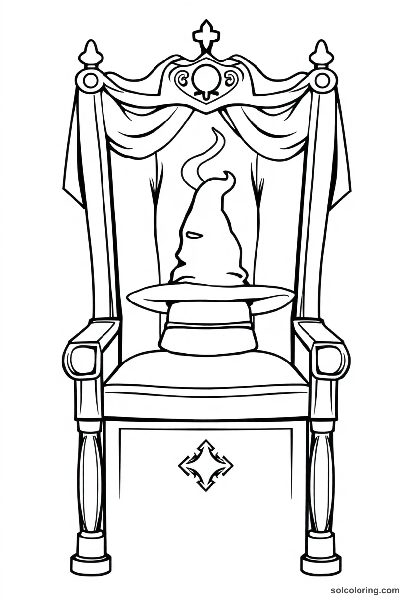 Sorting ceremony chair coloring page with glowing enchanted hat radiating magical light beams, bold outlines for easy coloring