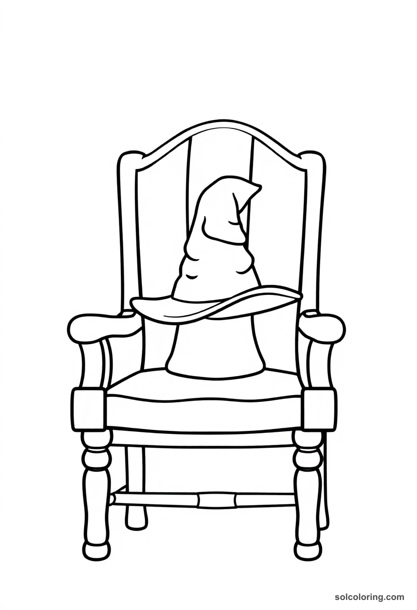 Simple coloring page showing wooden sorting ceremony chair with glowing enchanted hat radiating magical light beams