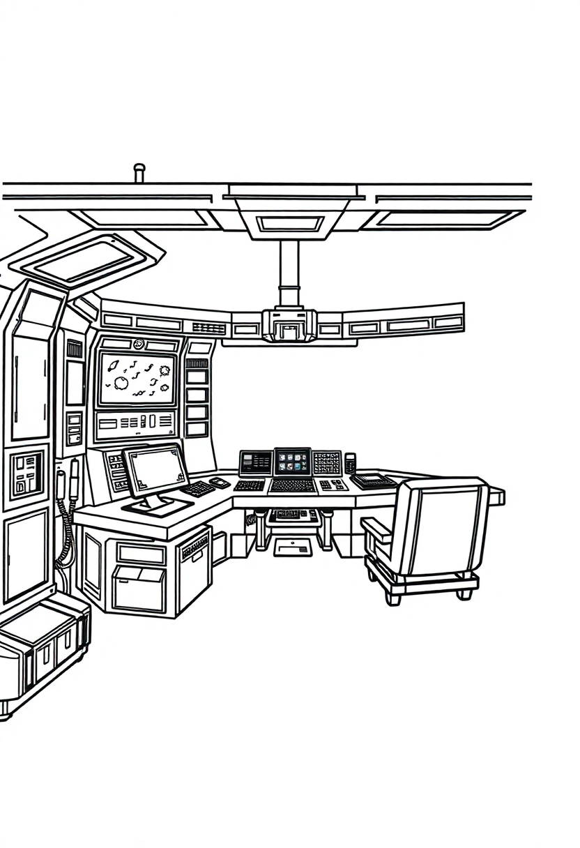 Space Station Command Center coloring page, free printable