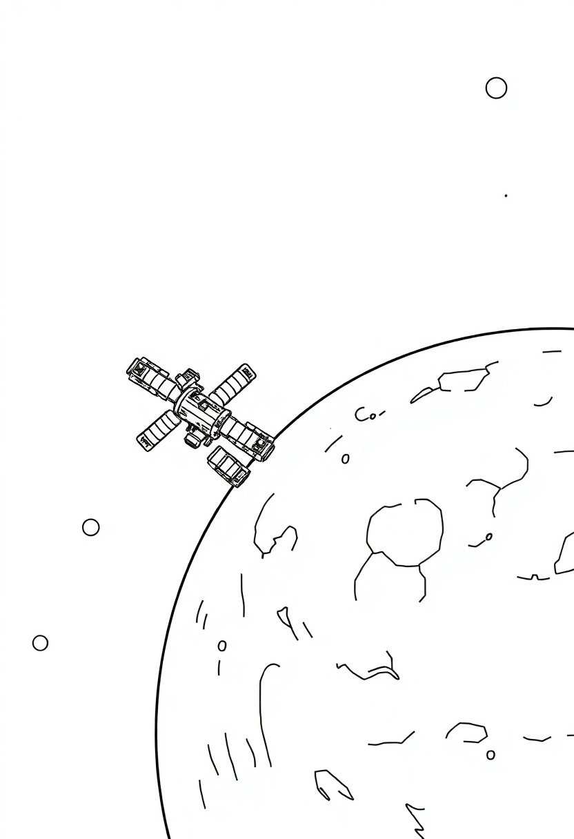 Space Station Orbiting Distant Planet coloring page, free printable