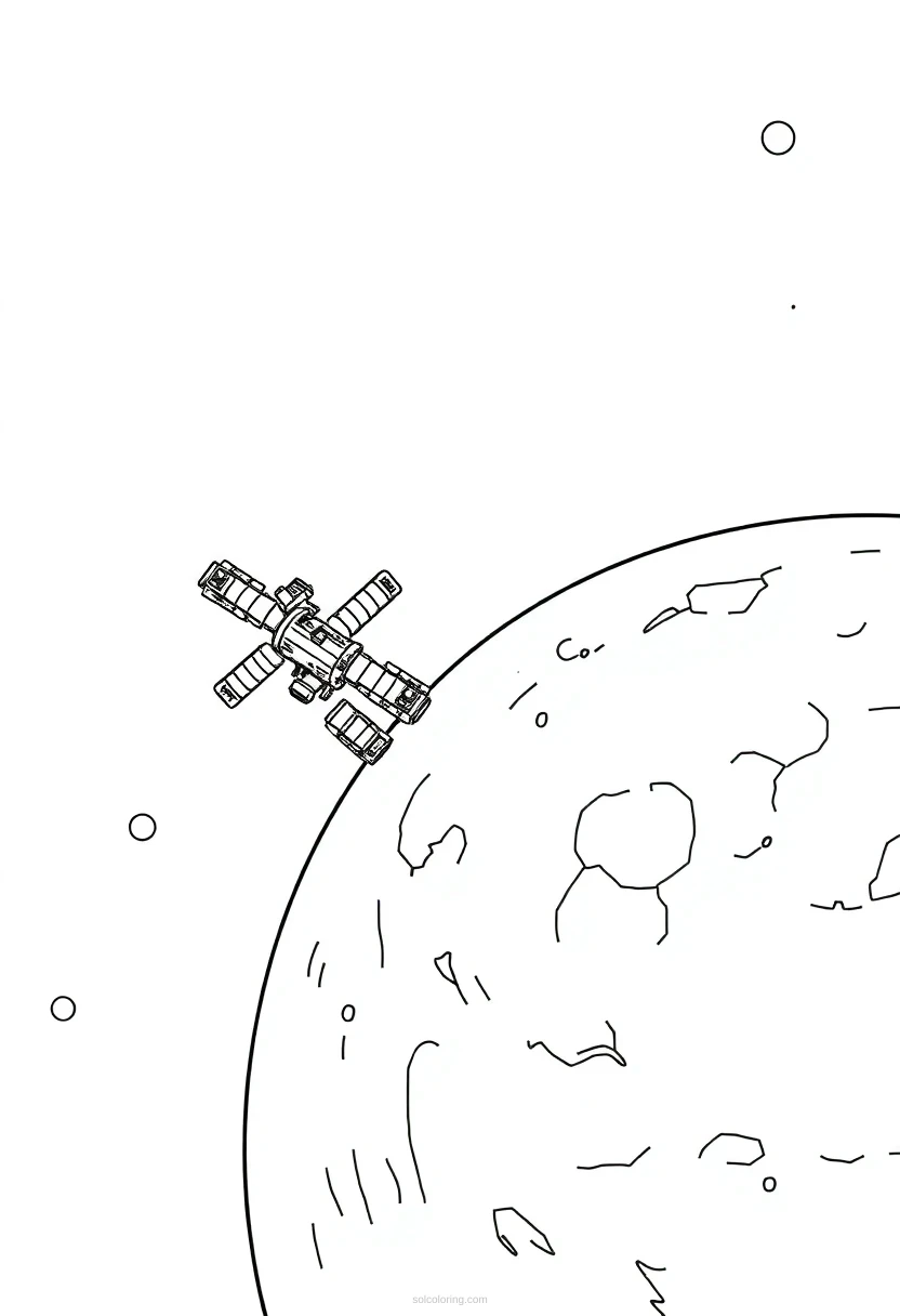 Space Station Orbiting Distant Planet coloring page for kids