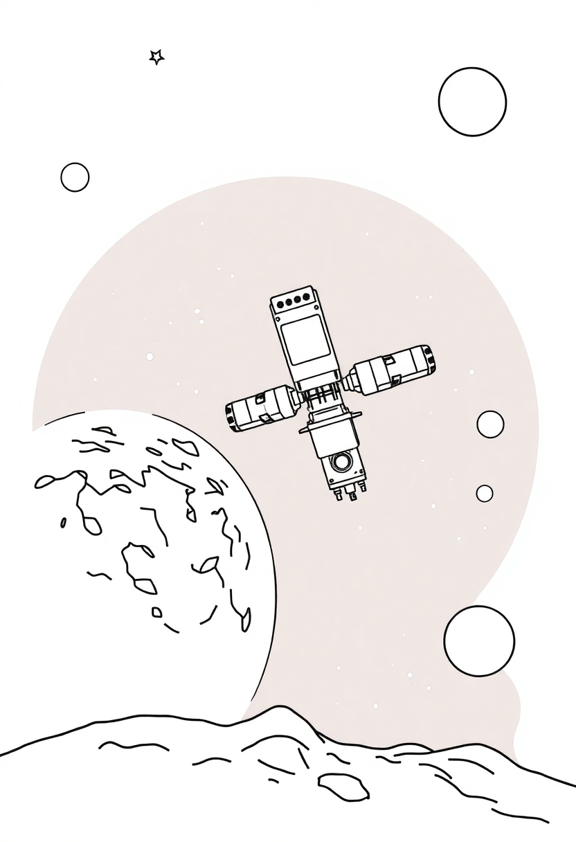 Space Station Orbiting Distant Planet coloring page, free printable