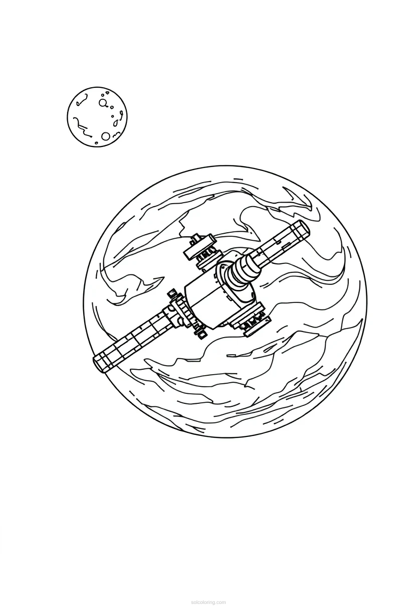 Space Station Orbiting Distant Planet coloring page for kids
