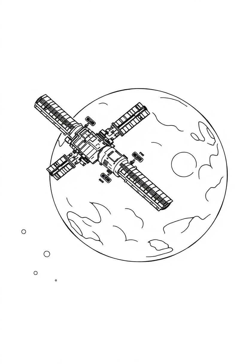 Space Station Orbiting Distant Planet coloring page, free printable